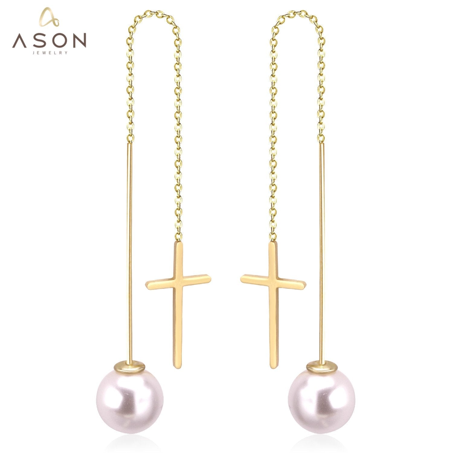 ASON Long Line Link Chain Imitation Pearl Dangle Earrings for Women Gold Color Cross Earrings Female Bijoux Pendientes asonjewelry