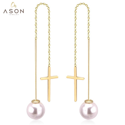 ASON Long Line Link Chain Imitation Pearl Dangle Earrings for Women Gold Color Cross Earrings Female Bijoux Pendientes asonjewelry