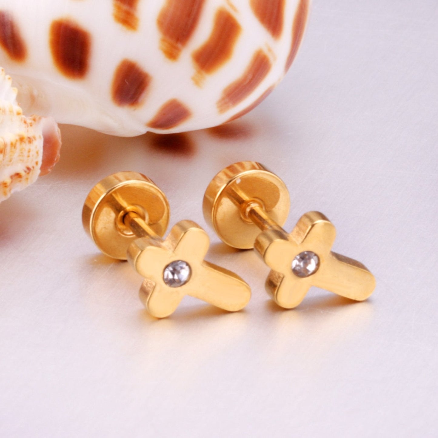 ASON Religious Cubic Zirconia Screw Stud Earrings Gold Color Stainless Steel For Women Men Jewelry Brinco Party Wholesale asonjewelry