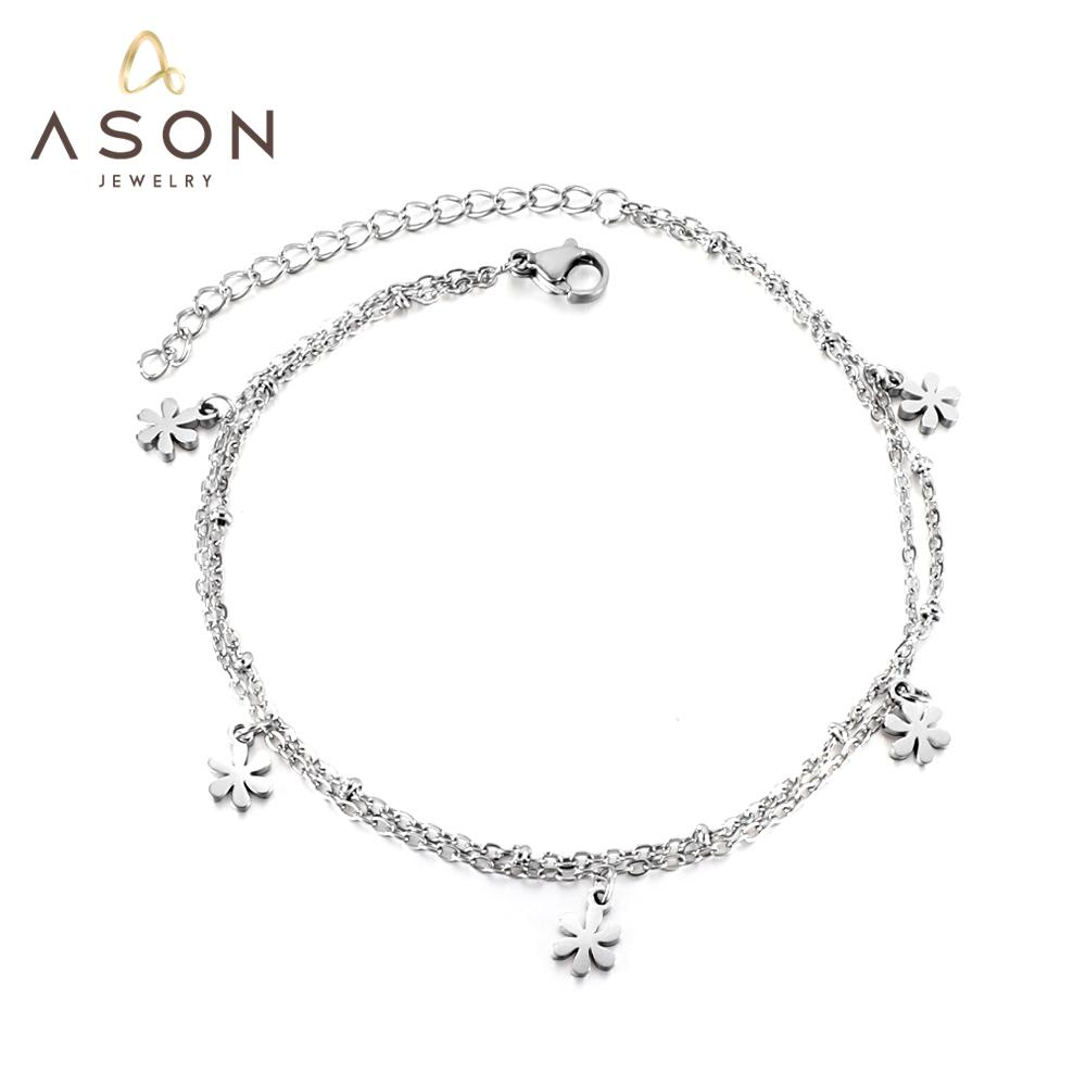 ASON Fashion Silver Color Peach Blossom Accessories Multi-layer Link Chain Anklet Stainless Steel For Women Foot Jewelry asonjewelry