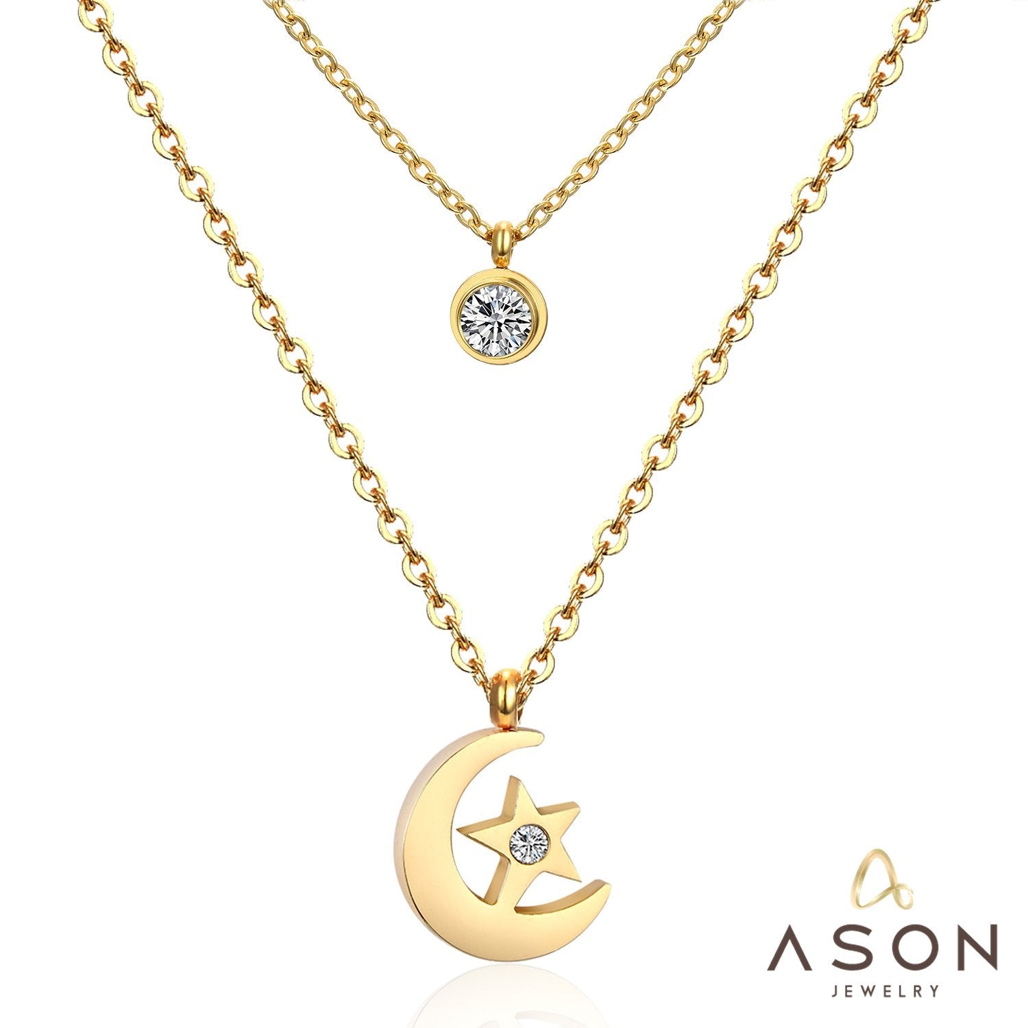 ASON Moon Star Pendant Necklaces Stainless Steel Gold Color Double Chain Necklace Statement Jewelry Wholesale Party Gift asonjewelry