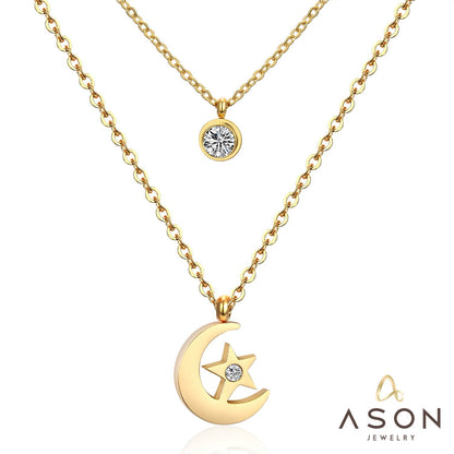 ASON Moon Star Pendant Necklaces Stainless Steel Gold Color Double Chain Necklace Statement Jewelry Wholesale Party Gift asonjewelry
