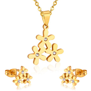 Stainless Steel Jewelry Sets For Women Bridal Dubai Flower Crystal Earrings Necklace Jewellery Set Accessories
