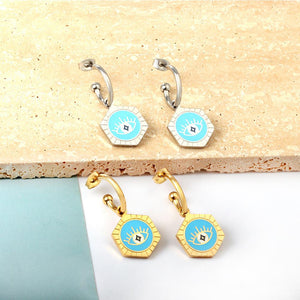 Vintage Hexagon Blue Evil Eye Dangle Hoop Earrings Women Gold Color Stainless Steel Minimalist Turkey Cute Lady Huggie