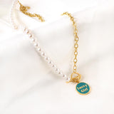 ASON Classic Round Tag Letter OT Clasp Half Pearl Chain Pendant Necklace Gold Color Stainless Steel For Women Jewelry Gift