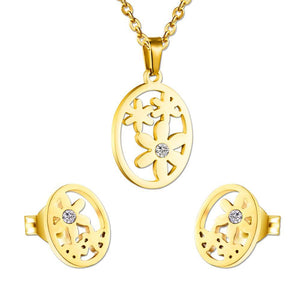 Trendy Gold Color Jewelry Set Round Shape With Crystal Flower Necklace Earring Sets