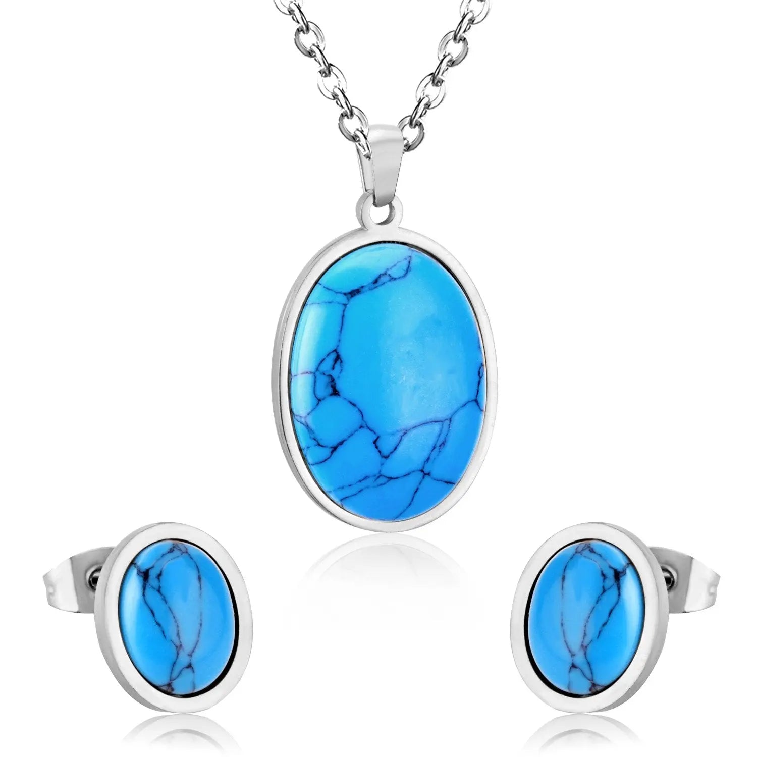 Oval Shape Opal Stainless Steel Luxury Necklaces Earrings Sets For Ladies Trendy Jewellry Sets parures bijoux asonjewelry