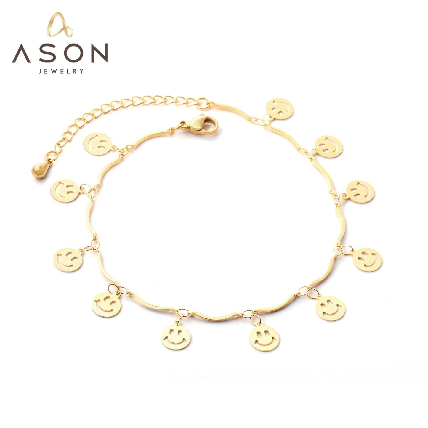 ASON Sweet Barefoot Smiley Face Anklet Chain Stainless Steel Gold Color for Women Gift Foot Chain Accessories Jewelry asonjewelry