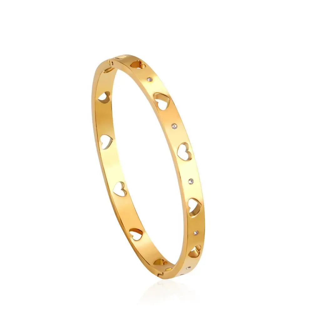 Gold Color Steel Hollow Out Heart Pattern Bangles For Women Friends Gifts Cubic Zirconia Bracelets On Hand Jewelry asonjewelry