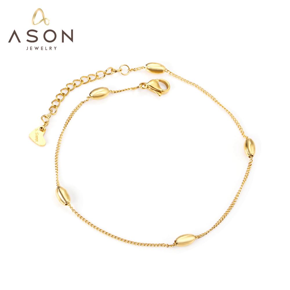 ASON Bead Anklet Foot Chains Gold Color Stainless Steel for Women Beach Jewelry Simple Leg Chain 23+5cm with Extender asonjewelry