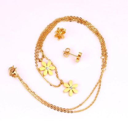 New Gold Flower Shape Stainless Steel Double Necklaces Earrings Sets For Female Trendy Jewellry Sets bijoux femme asonjewelry
