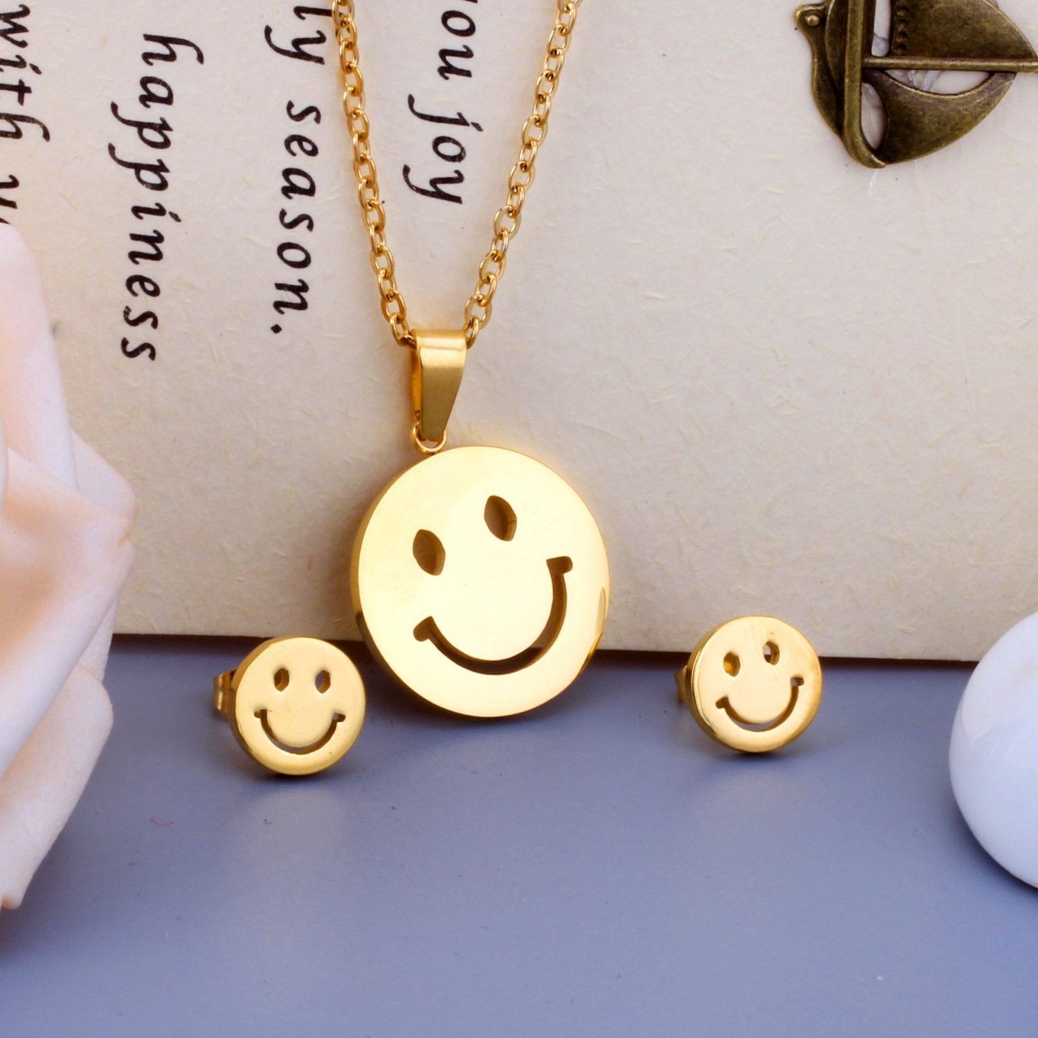ASON Smile Face Jewelry Set Stainless Steel Pendant Necklace Small Piercing Stud Earrings Gold Color Fashion Party Gift asonjewelry