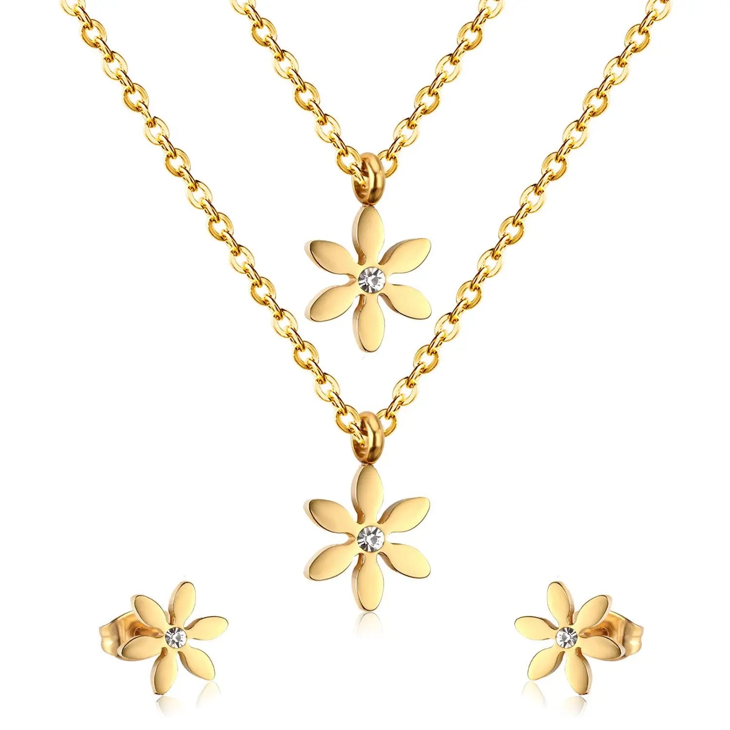 New Gold Flower Shape Stainless Steel Double Necklaces Earrings Sets For Female Trendy Jewellry Sets bijoux femme asonjewelry