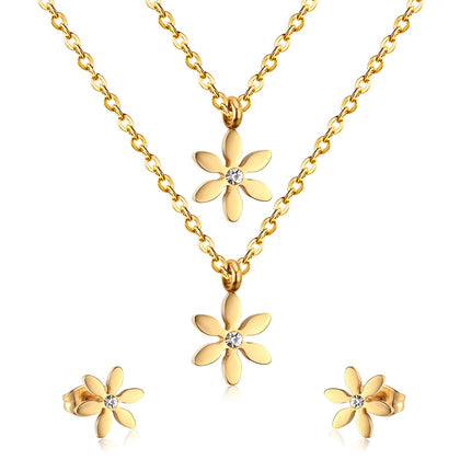New Gold Flower Shape Stainless Steel Double Necklaces Earrings Sets For Female Trendy Jewellry Sets bijoux femme