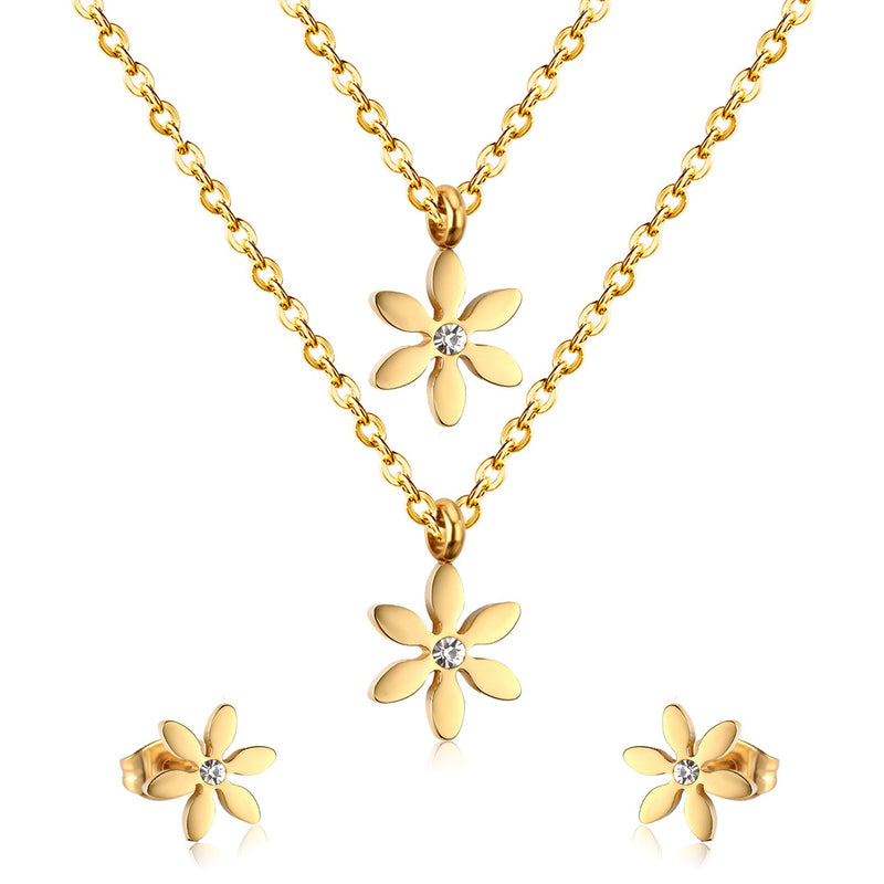 Conjuntos de pendientes y collares dobles de acero inoxidable con forma de flor de oro nuevo para mujer, conjuntos de joyería de moda, bisutería para mujer
