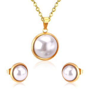 Half Imitation Pearl Stainless Steel Necklace Earrings Set Gold/Silver Color For Woman Wedding Jewellry Accessories