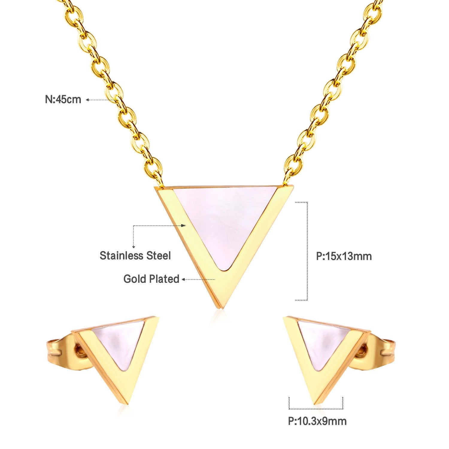 ASON Children Triangle Pendant Necklace Stainless Steel Small Stud Earrings Shell Jewelry Sets Party For Girl Women Fashion asonjewelry