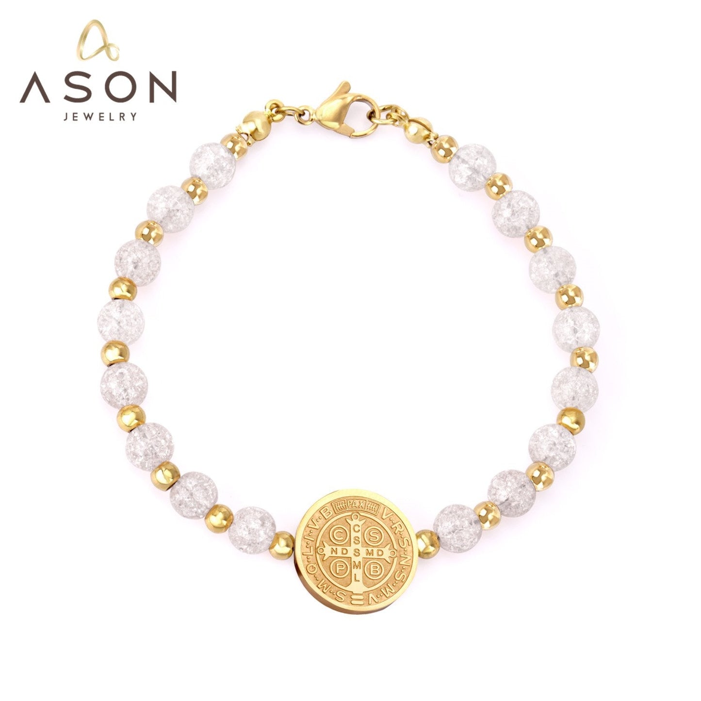 ASON Beaded Crystal Round Jesu Pendants Bracelets & Bangles For Women Girl Stainless Steel Beads pulseira Bracelets Party asonjewelry