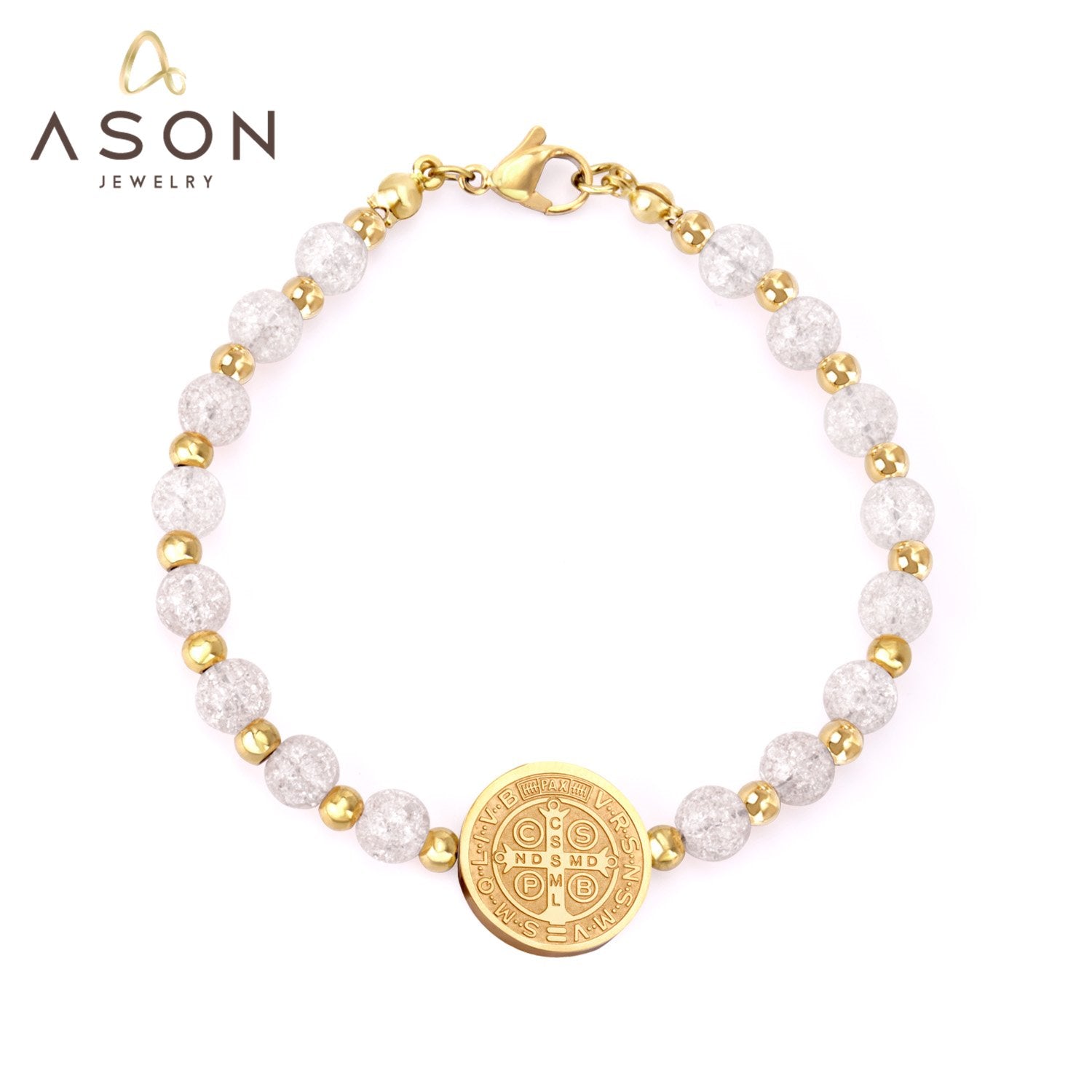 ASON Beaded Crystal Round Jesu Pendants Bracelets & Bangles For Women Girl Stainless Steel Beads pulseira Bracelets Party asonjewelry