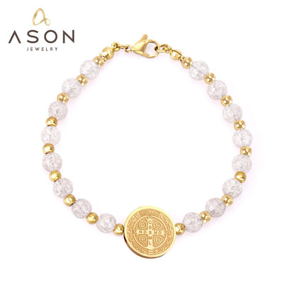 ASON Beaded Crystal Round Jesu Pendants Bracelets & Bangles For Women Girl Stainless Steel Beads pulseira Bracelets Party asonjewelry