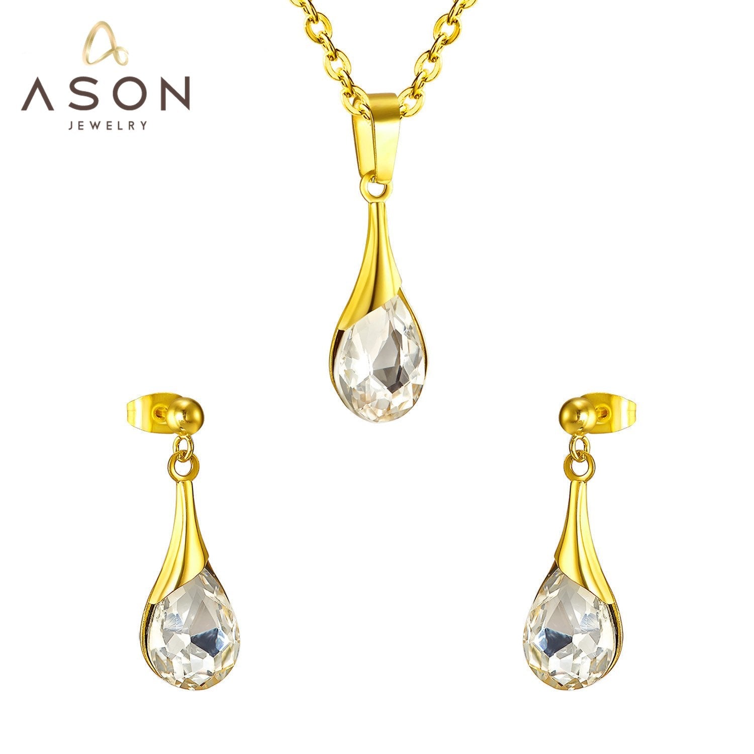 ASON 316L Stainless Steel Gold Bridal Wedding African Jewelry Sets for Women 2022 Water Drop Necklace Pendant Drop Earring asonjewelry