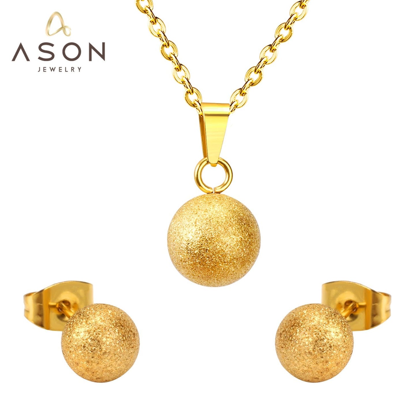 ASON 316L Stainless Steel Gold Bridal Wedding Jewelry Sets for Women Scrub Necklace Pendant Small Stud Earring asonjewelry