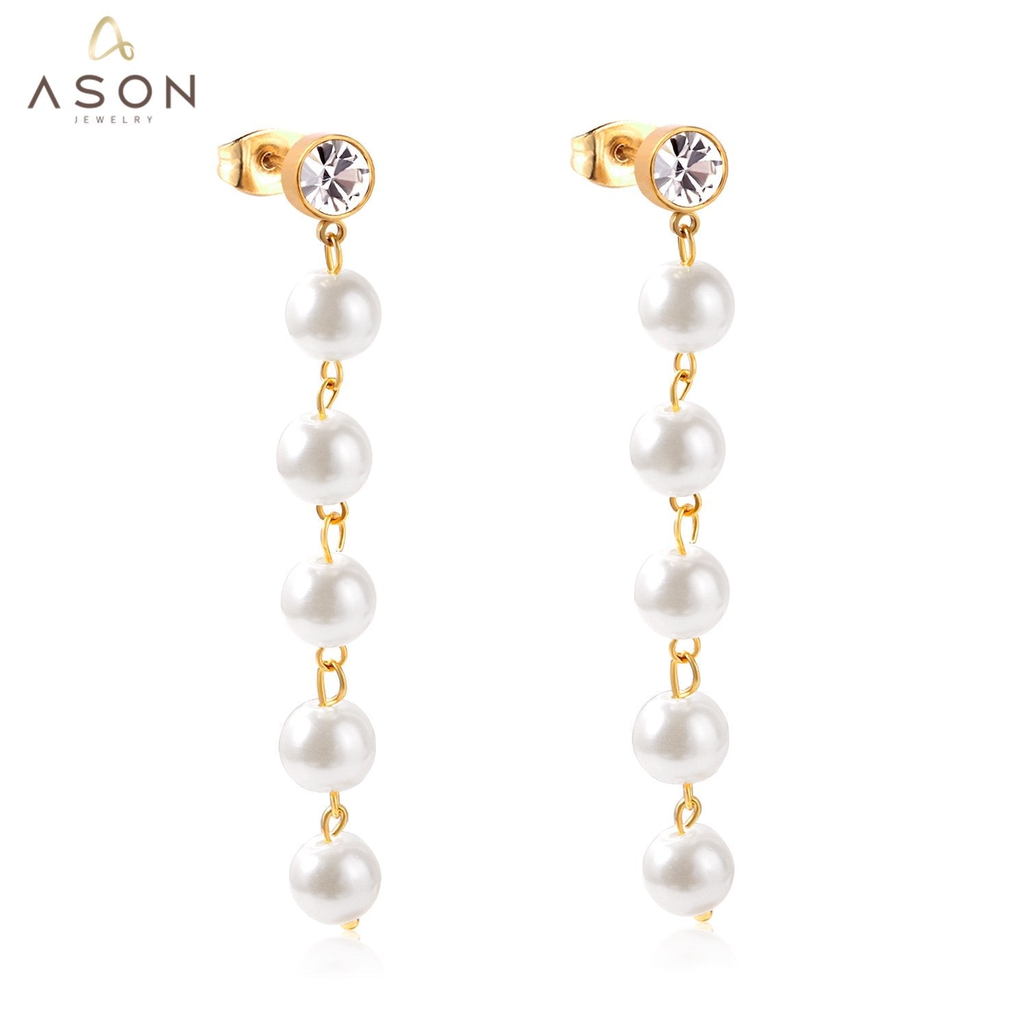 ASON Stainless Steel Imitation Pearls Drop Earrings with Cubic Zirconia for Women Hanging Dangle Earring Fashion Jewelry asonjewelry