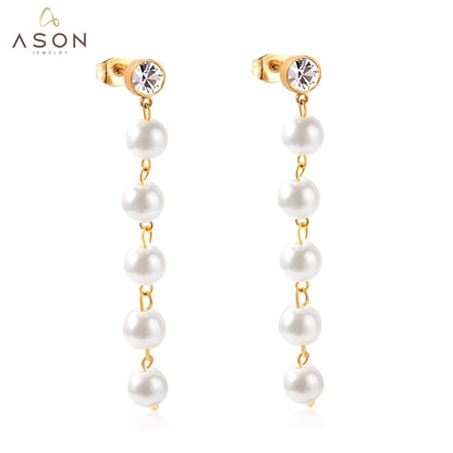 ASON Stainless Steel Imitation Pearls Drop Earrings with Cubic Zirconia for Women Hanging Dangle Earring Fashion Jewelry asonjewelry