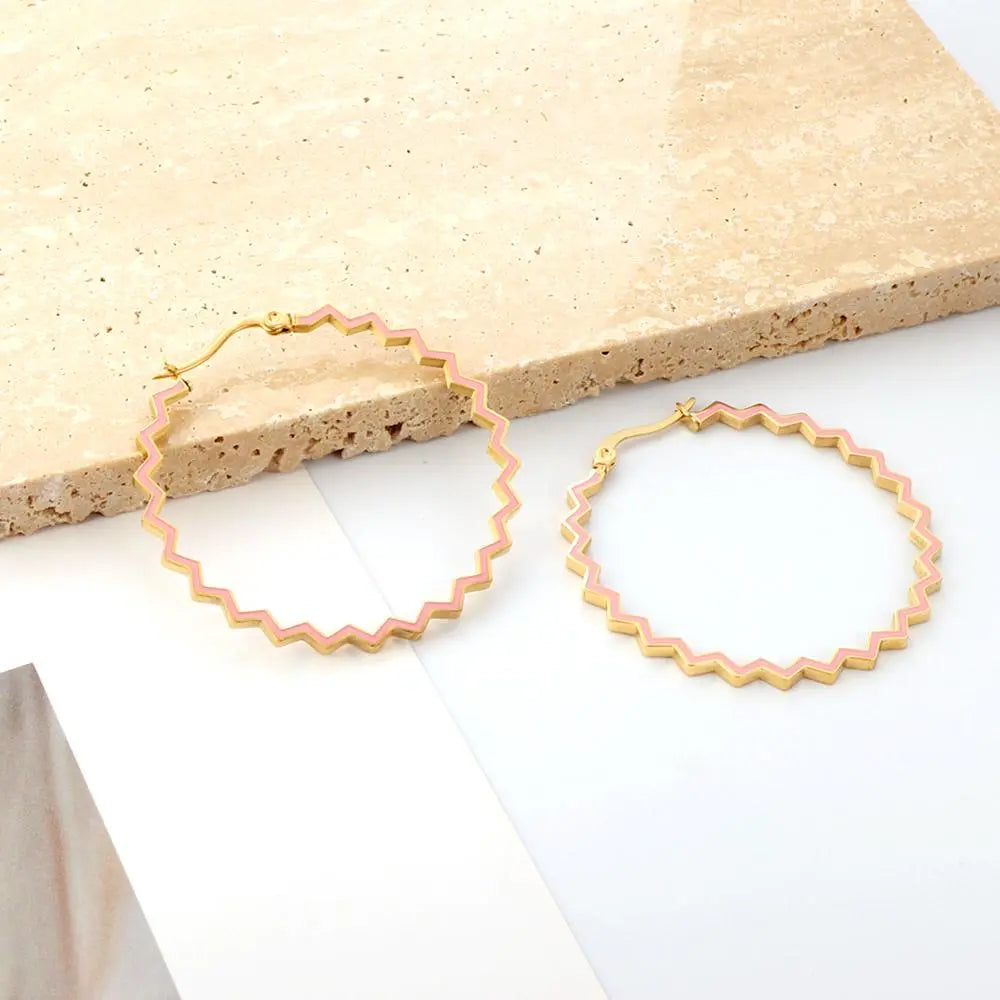 Bohemia Metal Large Wave Shape Hoop Earrrings Stainless Steel Blue Pink Color Irregular Ear Boho Jewelry Gifts for her asonjewelry