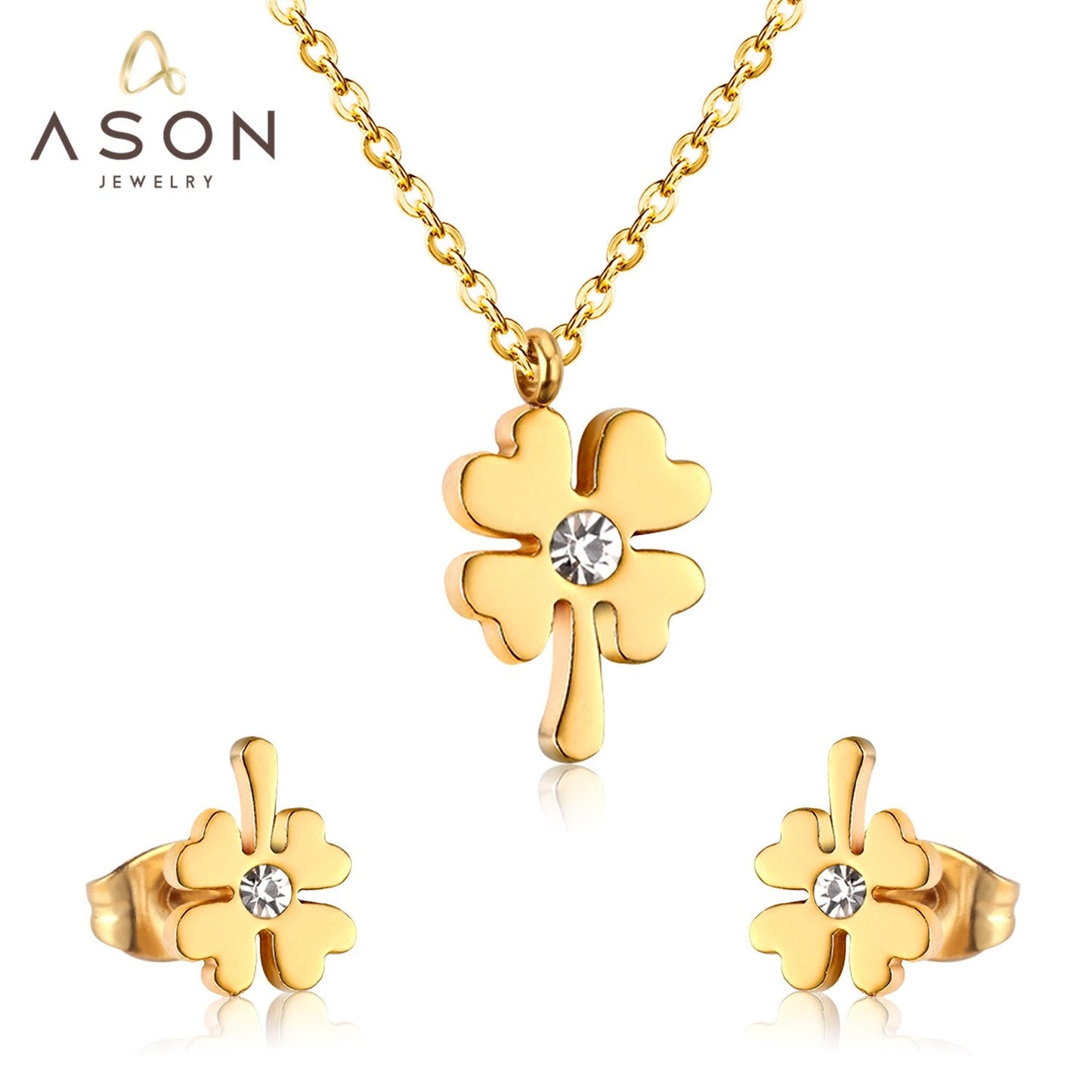 ASON Flower Cubic Zirconia Chain Pendant Necklace Piercing Stud Earrings Jewelry Sets Gold Color Stainless Steel For Women asonjewelry
