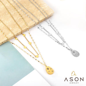 ASON Trendy Star Accessories Oval Cubic Zirconia Charm Pendant Necklaces Gold Color Stainless Steel For Women Jewelry Gift