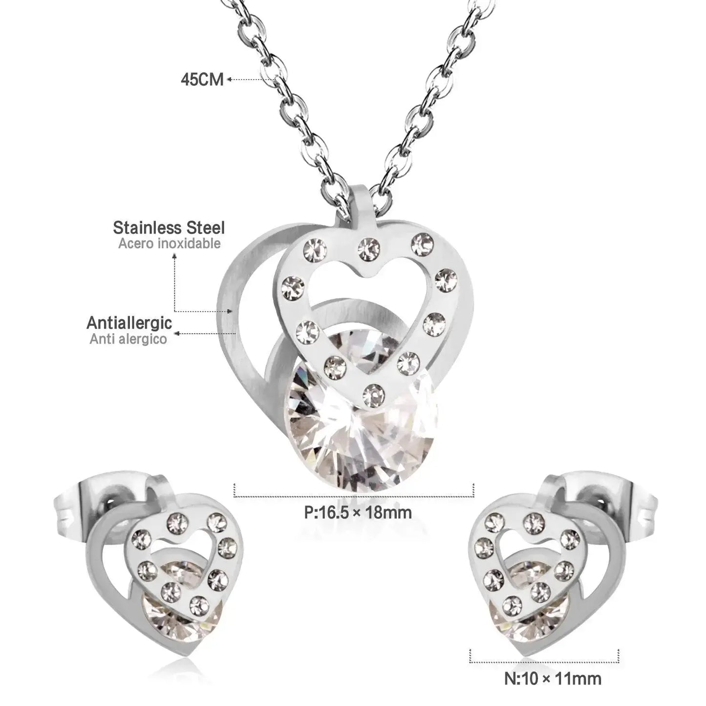 Hot Sale Stainless Steel Sets CZ Fashion Heart Jewelry sets Women Valentine's Day present asonjewelry