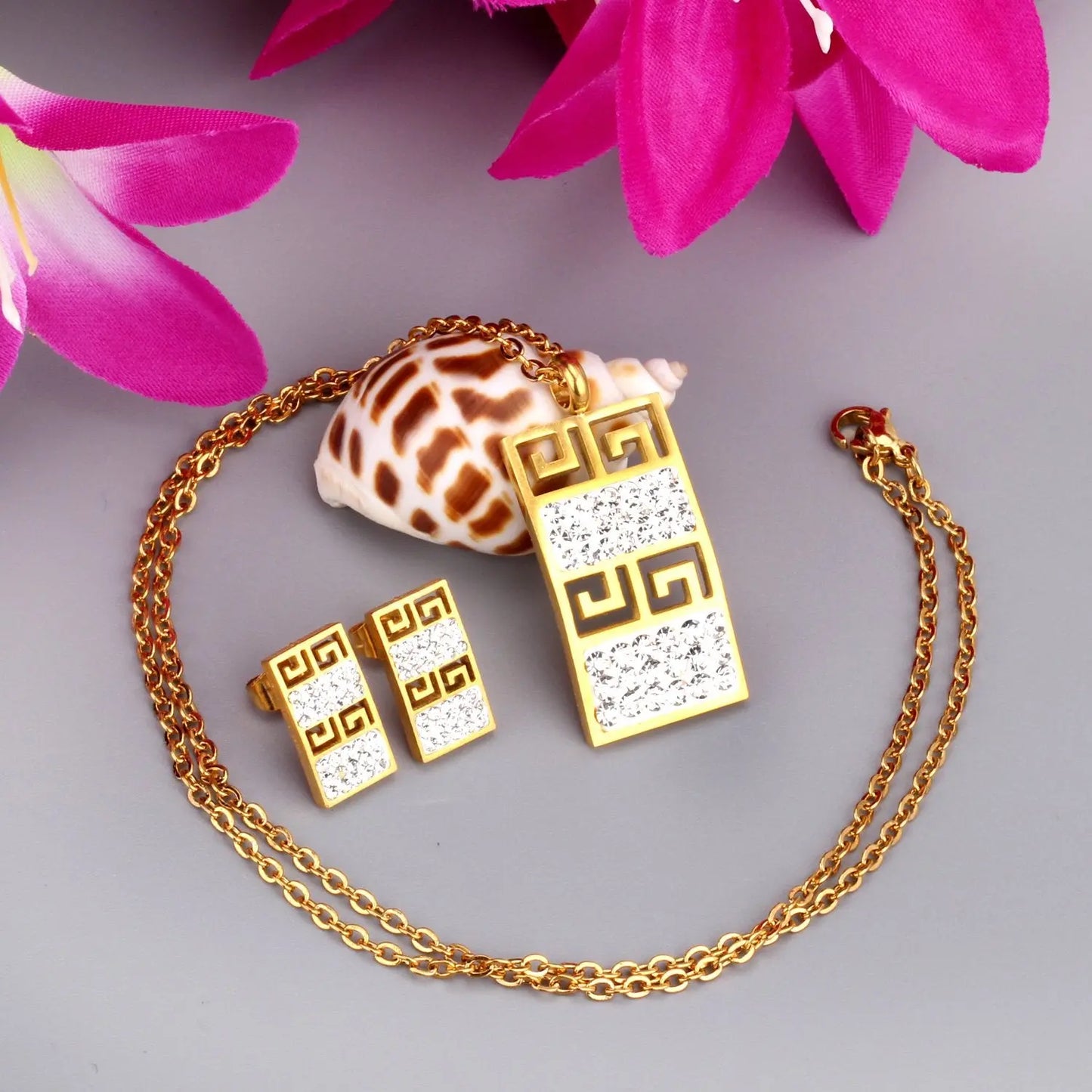 Trendy Stainless Steel Dubai Jewelry Set Geometry Pendant Necklace Earrings Crystal For Women Girls Jewelry Sets asonjewelry