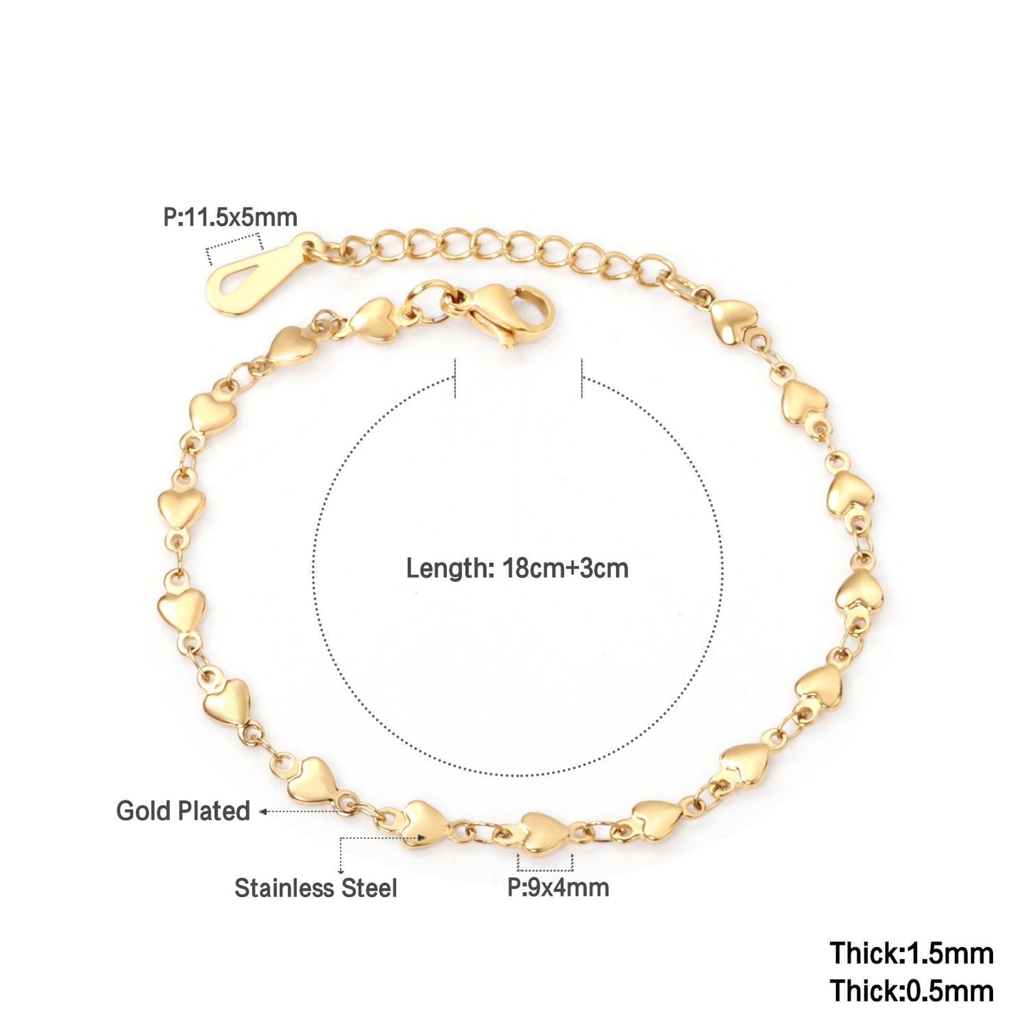 ASON Heart Charm Chain Bracelets Gold Color Stainless Steel for Women Lovely Jewelry with Extender Adjustable Bangle asonjewelry