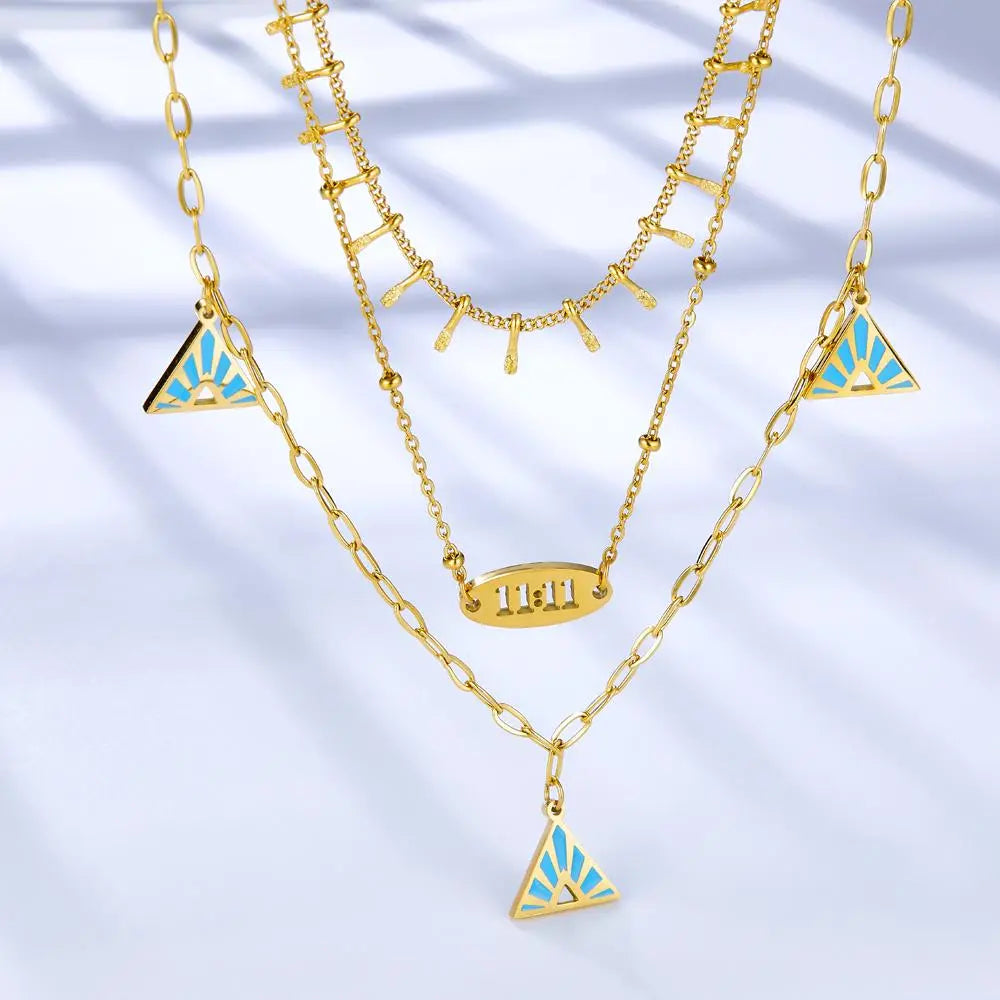 Blue Triangle Charms Collier Brand Design Three-Layered Necklaces Gold Plated Link Chain Choker Romantic Y2K Collar asonjewelry