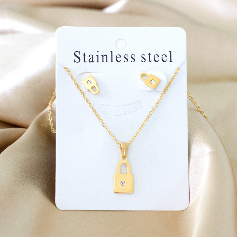 Dubai Wedding Jewelry Sets Stainless Steel Earings Lock Pendant Necklace Set For Women Girls Indian Jewelry Sets