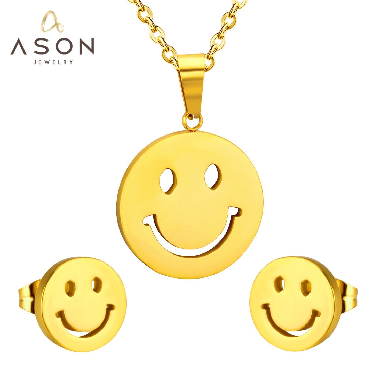 ASON Smile Face Jewelry Set Stainless Steel Pendant Necklace Small Piercing Stud Earrings Gold Color Fashion Party Gift asonjewelry