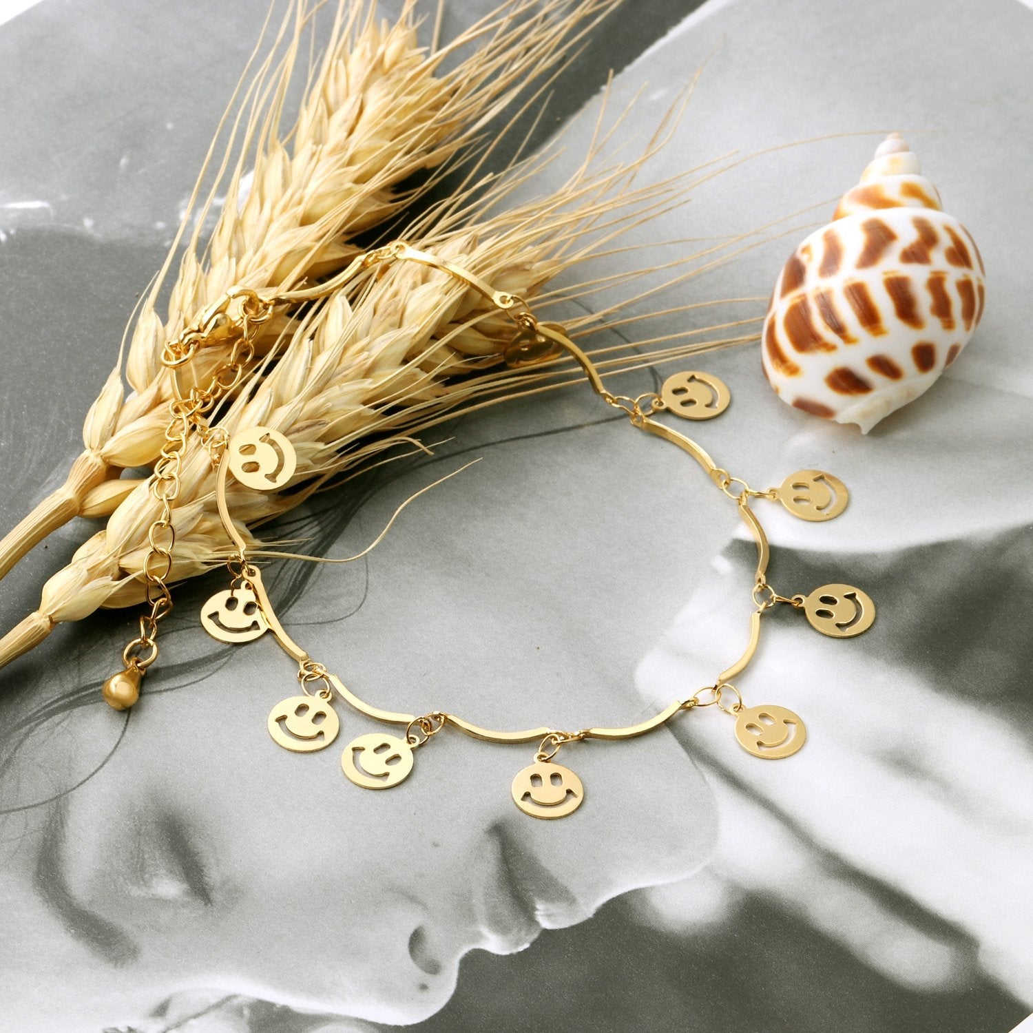 ASON Sweet Barefoot Smiley Face Anklet Chain Stainless Steel Gold Color for Women Gift Foot Chain Accessories Jewelry asonjewelry