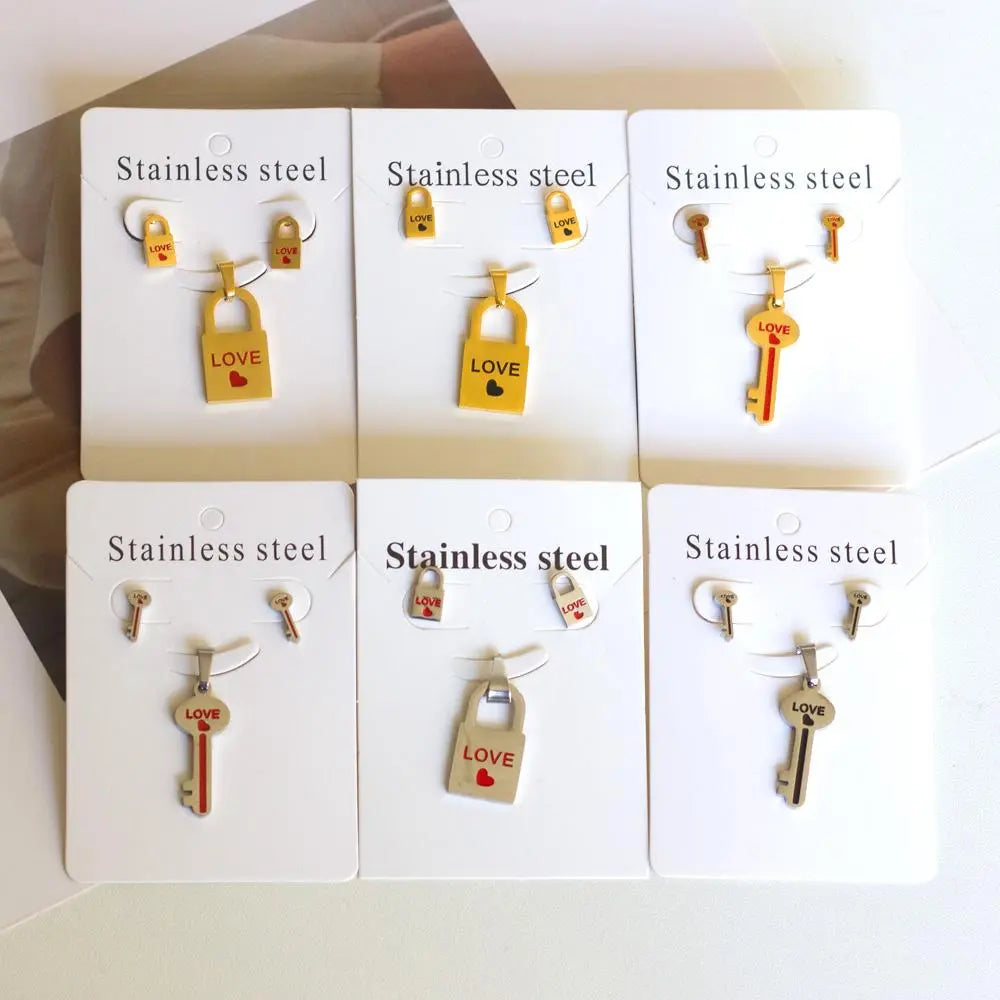 Couple Statement Jewelry Sets Lock Design Love Gifts For Friends Matching Sets Keys And Lock Necklace And Pendients asonjewelry