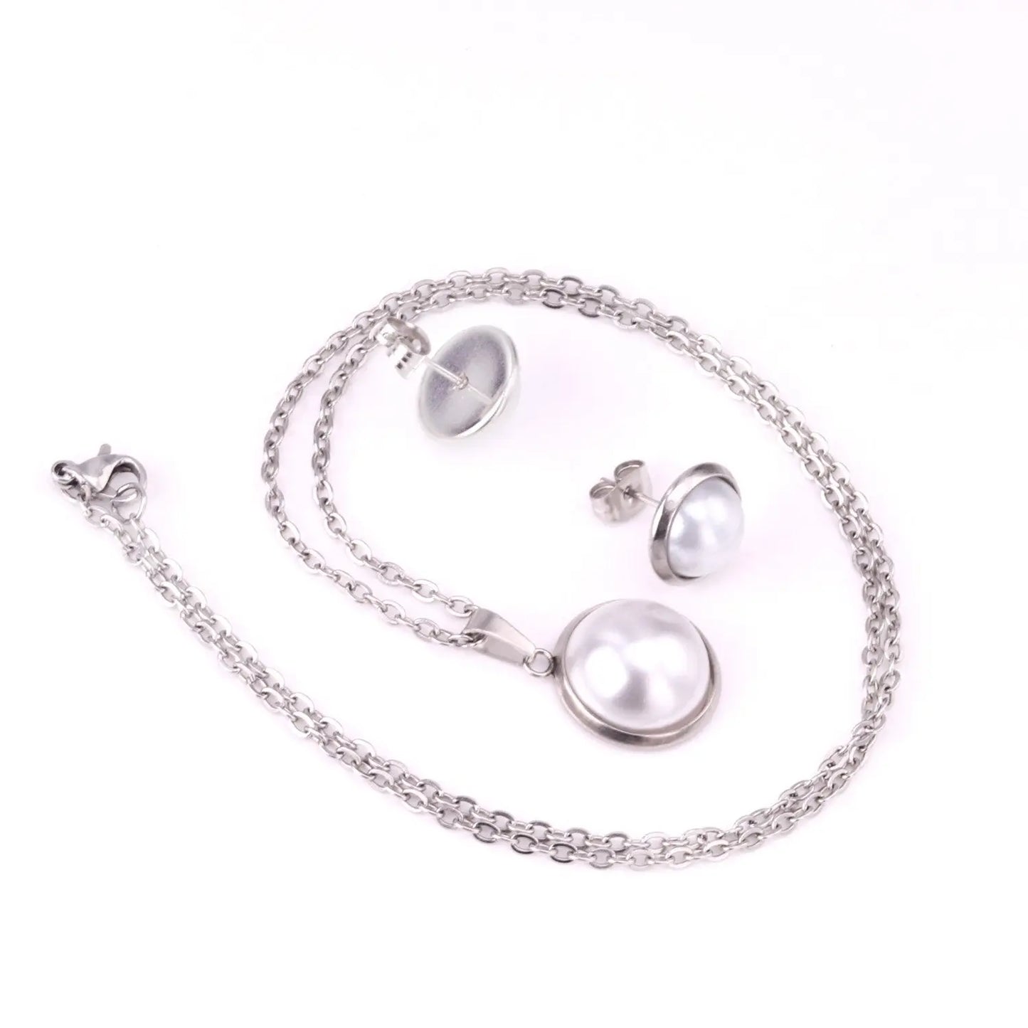 Half Imitation Pearl Stainless Steel Necklace Earrings Set Gold/Silver Color For Woman Wedding Jewellry Accessories asonjewelry