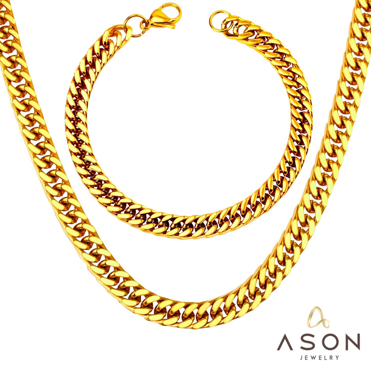 ASON 7mm Link Chians Jewelry Set Gold Color Stainless Steel Cuban Chain Necklace Bracelet Bangle Set For Women Men Fashion asonjewelry