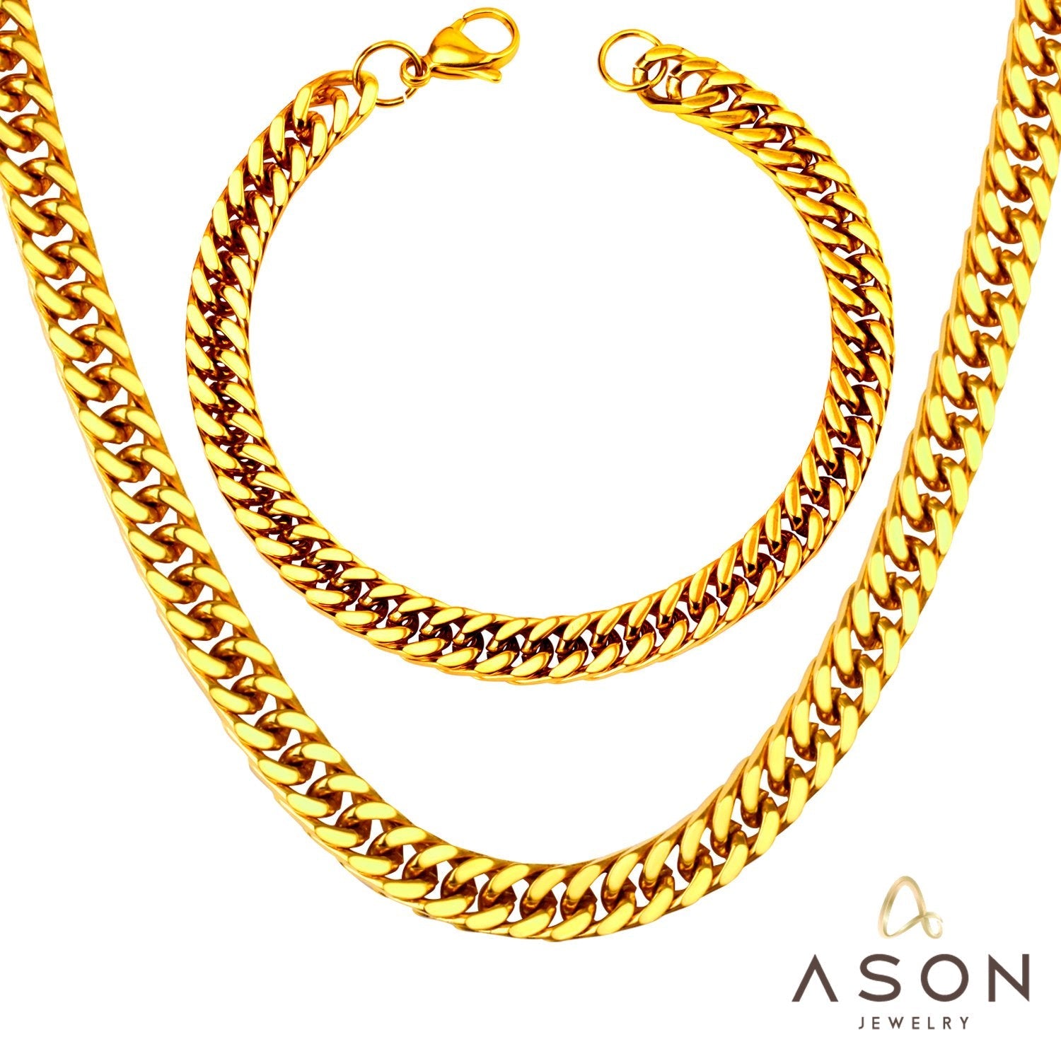 ASON 7mm Link Chians Jewelry Set Gold Color Stainless Steel Cuban Chain Necklace Bracelet Bangle Set For Women Men Fashion asonjewelry