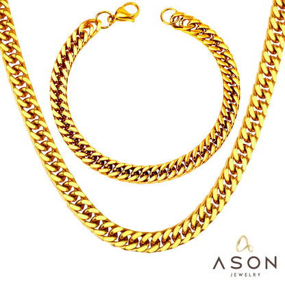 ASON 7mm Link Chians Jewelry Set Gold Color Stainless Steel Cuban Chain Necklace Bracelet Bangle Set For Women Men Fashion asonjewelry