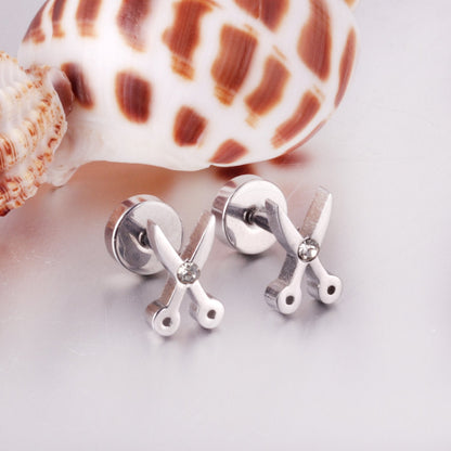 ASON Gold Color AAA CZ Scissors Screw Piercing Stud Earring Set for Women Cool Jewelry Stainless Steel Crystal Earring asonjewelry