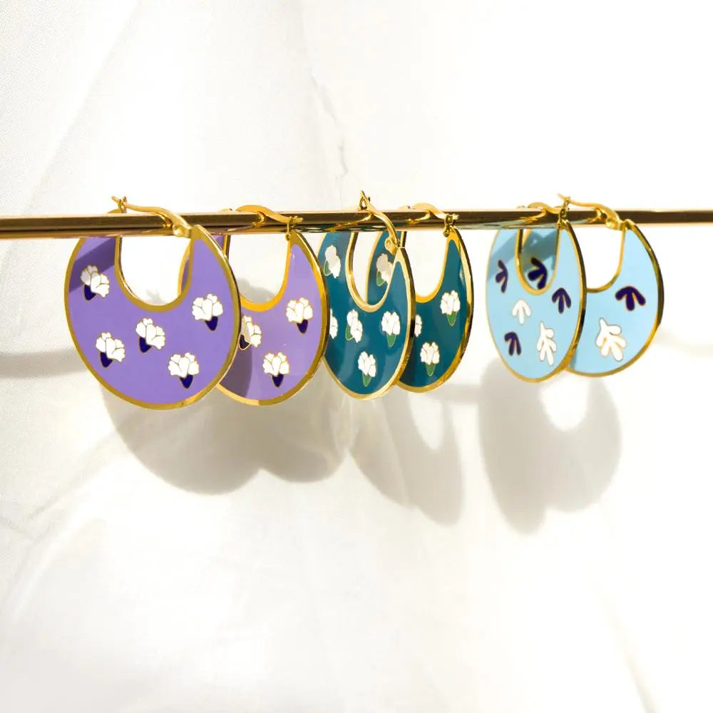 Unique Trendy Woman's Hoops Earrings Blue Acrylic Green Purple Earrings Hyperbole Jewelry Floral Circles Earrings asonjewelry