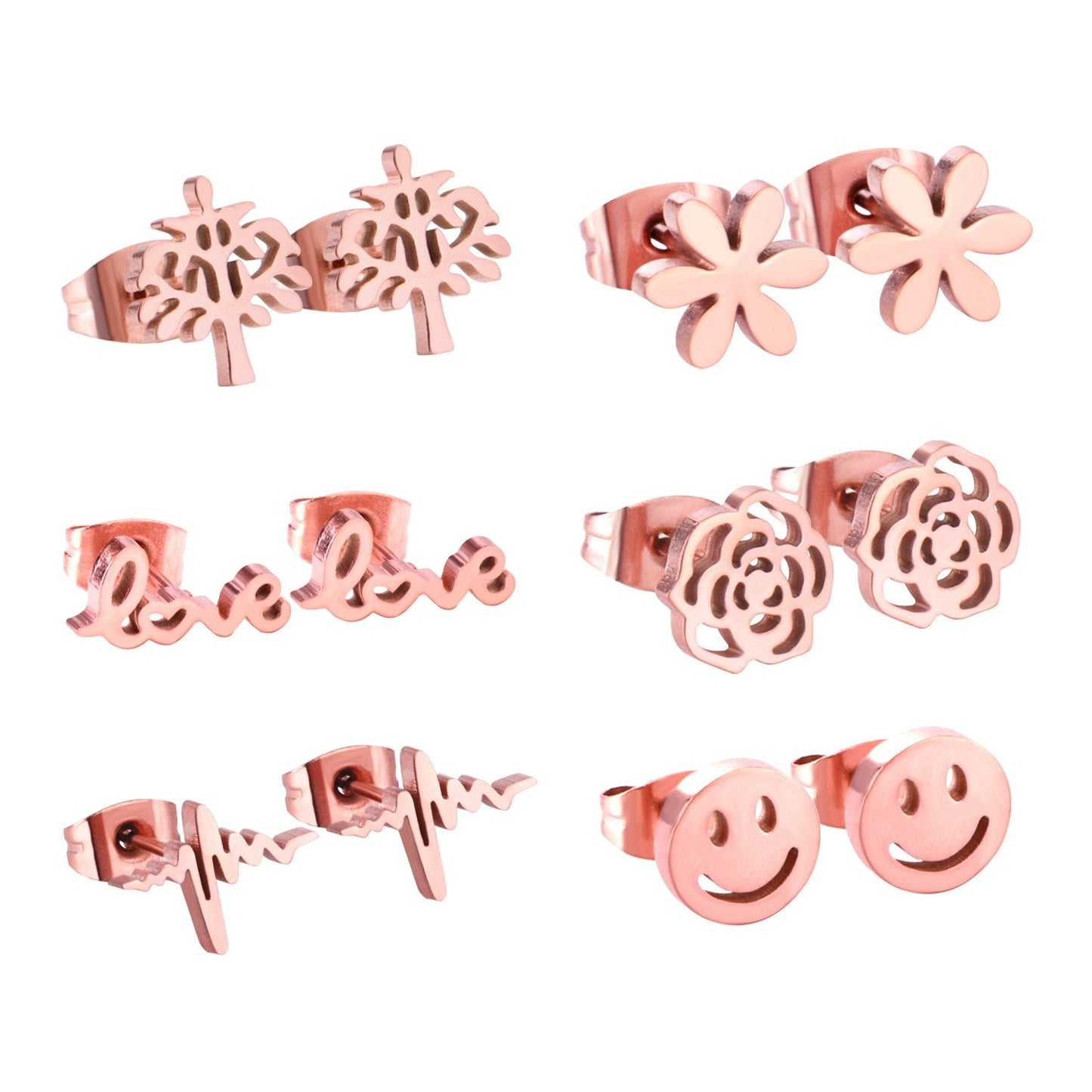 ASON Small Earrings Trendy Jewelry Rose Gold Color Flower Tree Smile Letter 6pairs/Box Stainless Steel Earrings Sets Party asonjewelry