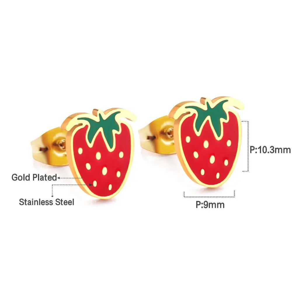 Small Earrings 2022 Stainless Steel Gold Color Push Back Strawberry Stud Earring Fashion Jewelry Party Baby Accessorie asonjewelry