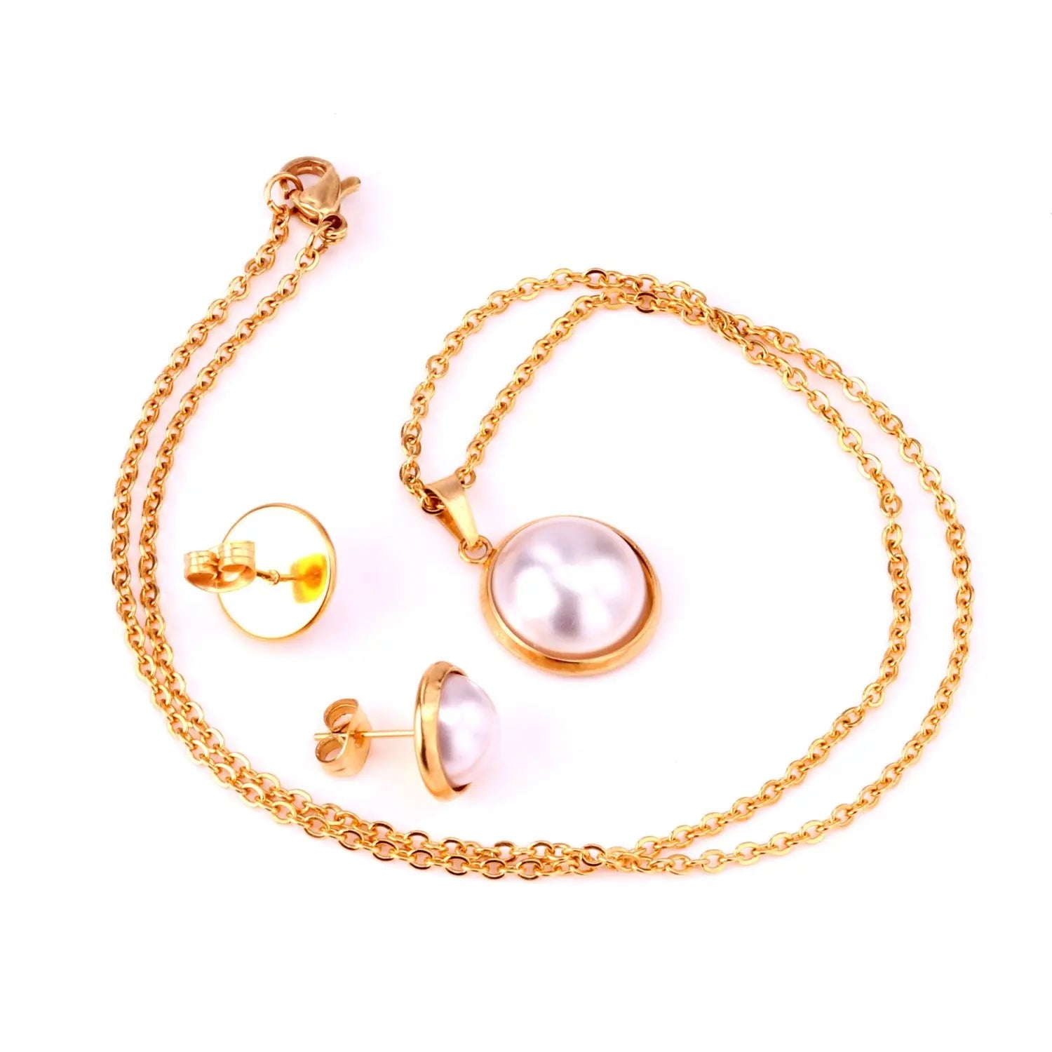 Half Imitation Pearl Stainless Steel Necklace Earrings Set Gold/Silver Color For Woman Wedding Jewellry Accessories asonjewelry