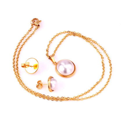 Half Imitation Pearl Stainless Steel Necklace Earrings Set Gold/Silver Color For Woman Wedding Jewellry Accessories asonjewelry
