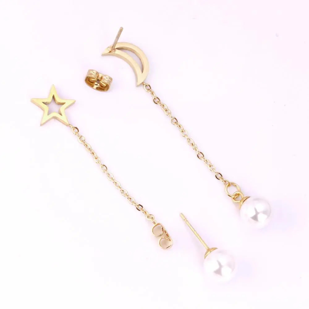 Fashion Women Drop Earrings Moon Star Shape Fake-Pearl For Women's Jewelry Stainless Steel Dangle Earings Brinco asonjewelry
